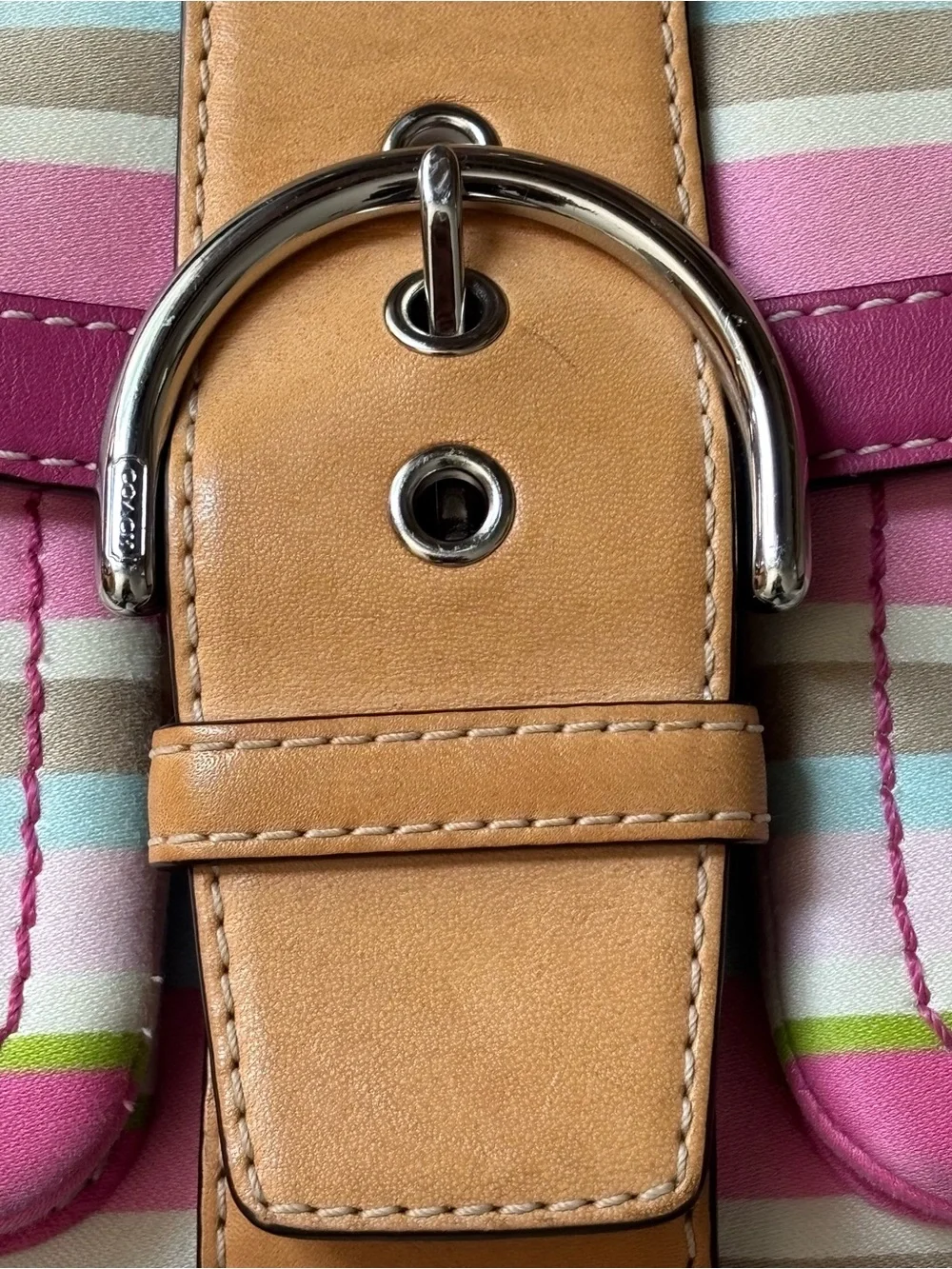 Vintage Y2K Coach Soho Hampton Pastel Pink Striped Canvas Shoulder  Bag Buckle